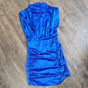 GLAMAKER SHEIN Elegant Blue Satin Dress Rouched Cowl Neck Cap Sleeve Sz L